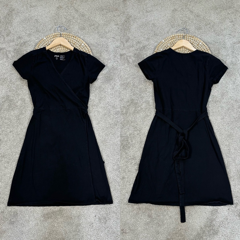 Pact Women’s Organic Cotton Wrap Dress Shortsleeve Stretch Sustainable Black S